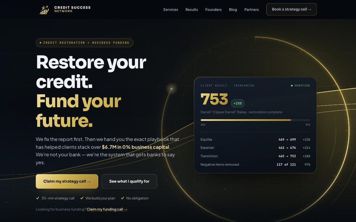 Credit Success Network credit restoration and business funding website by The Clifton Agency