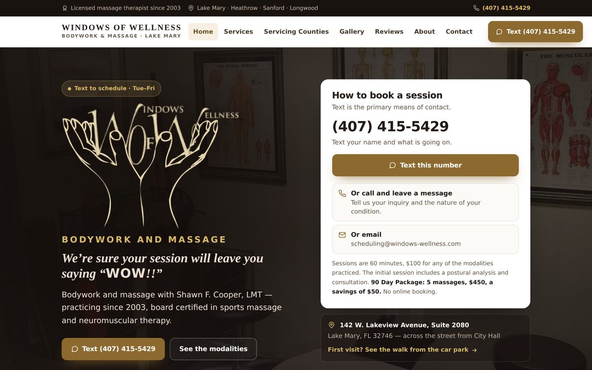 Windows of Wellness bodywork and massage website by The Clifton Agency